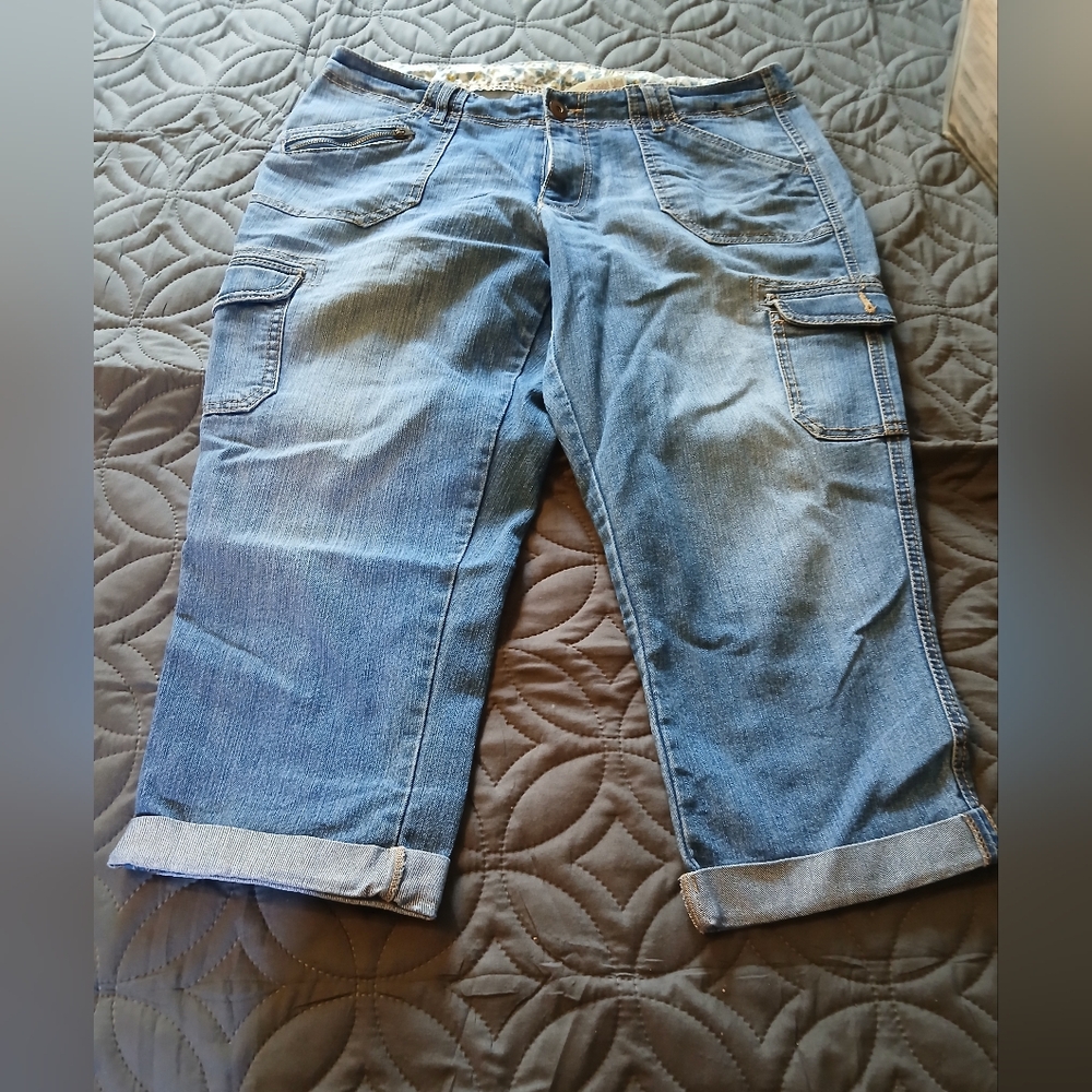 Faded Glory Blue Floral Lined Denim Capris
